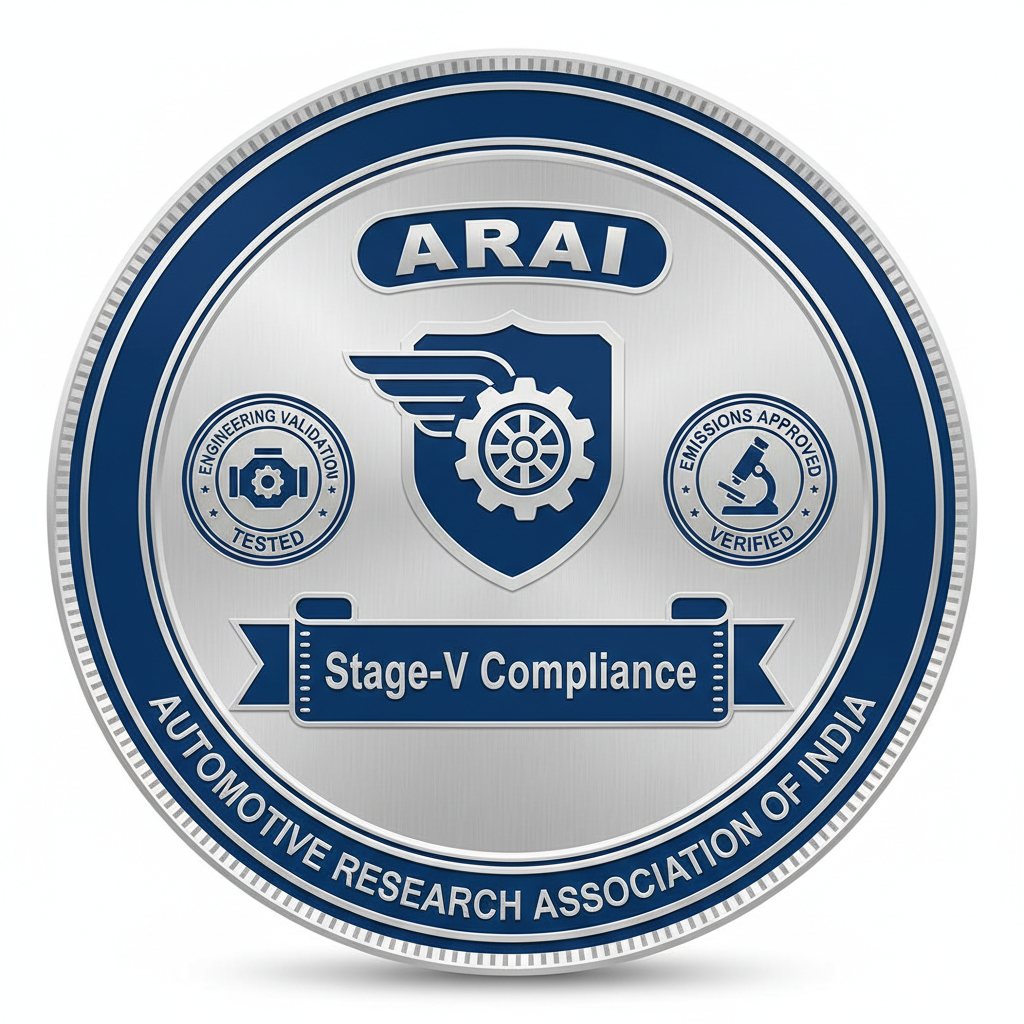 ARAI certification badge with Stage-V compliance logo and technical validation stamps