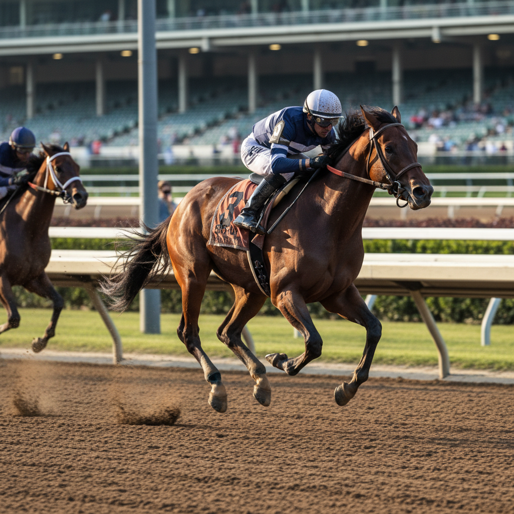 Salty Pearl in full gallop on the racetrack, action shot showing horse at full stride with jockey in navy and white silks