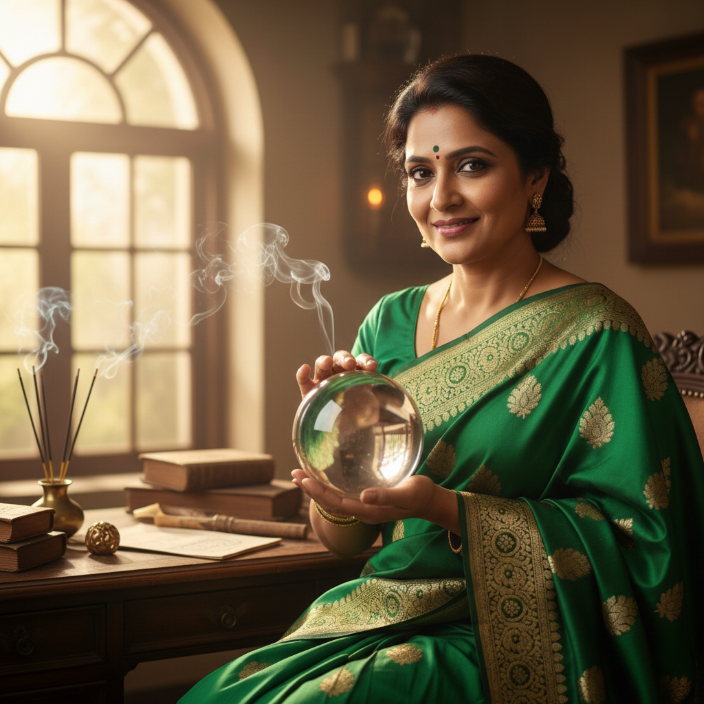 South Indian female astrologer in silk saree with sacred texts and copper oil lamp