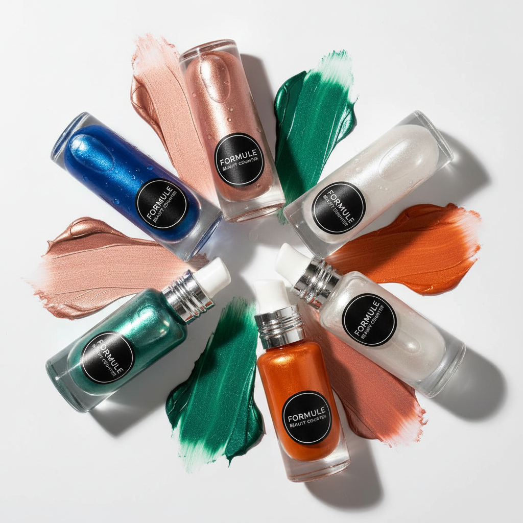 Formule beauty counter with glass bottles and pigment swatches