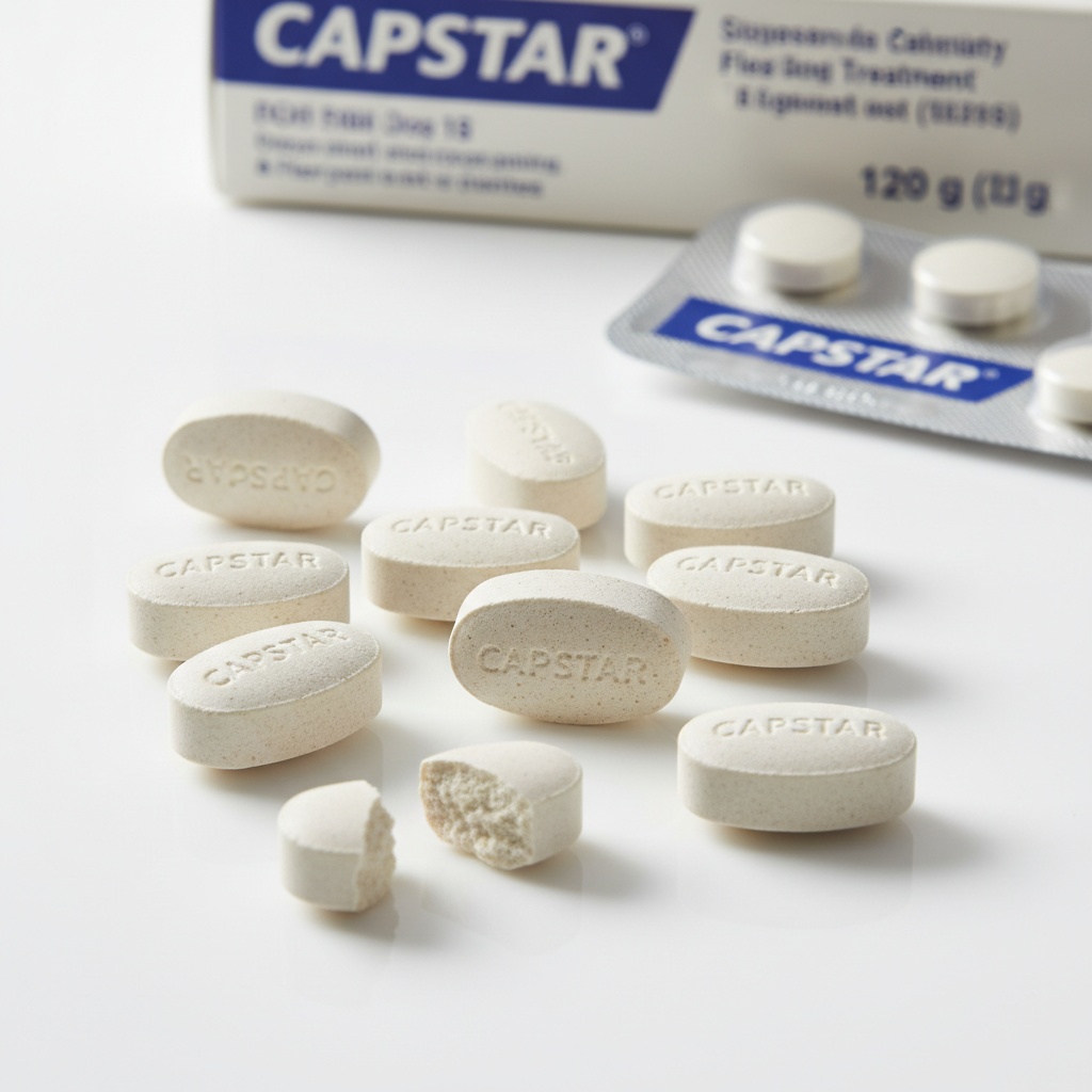 Capstar flea treatment tablets for dogs on a clean surface