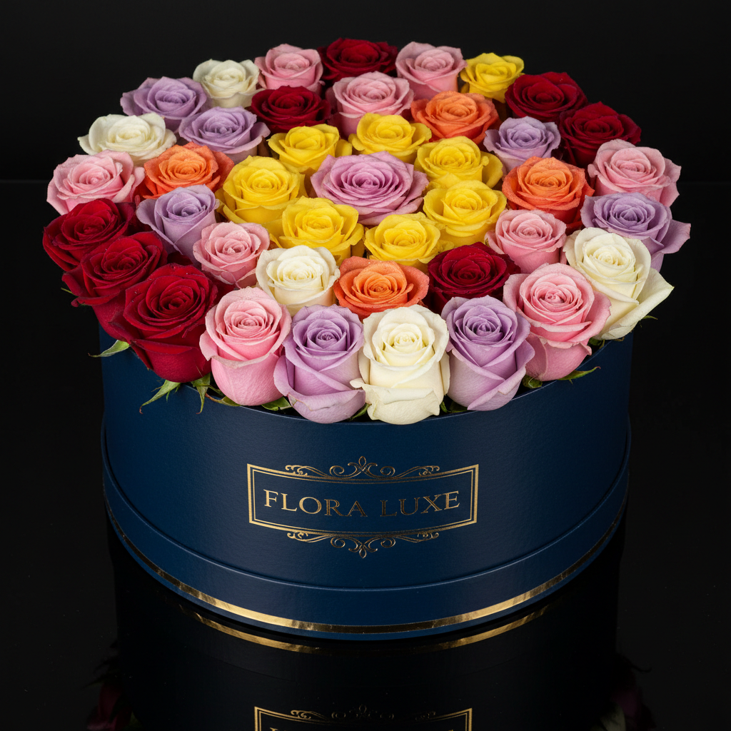 Luxury pink roses in a black hat box arrangement for birthday gift