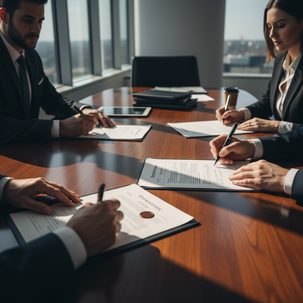 Business professionals reviewing incorporation documents at modern office desk with laptop