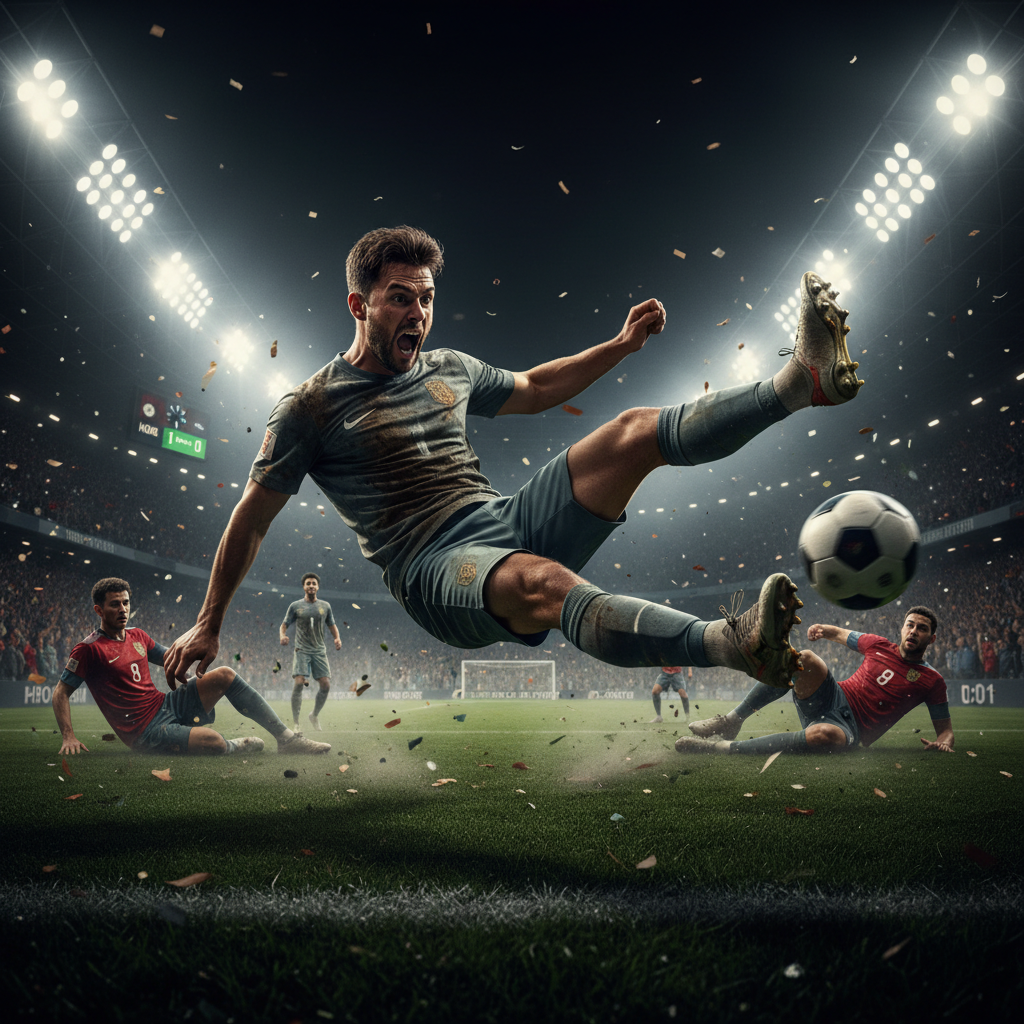 Football player taking a free kick in a night match