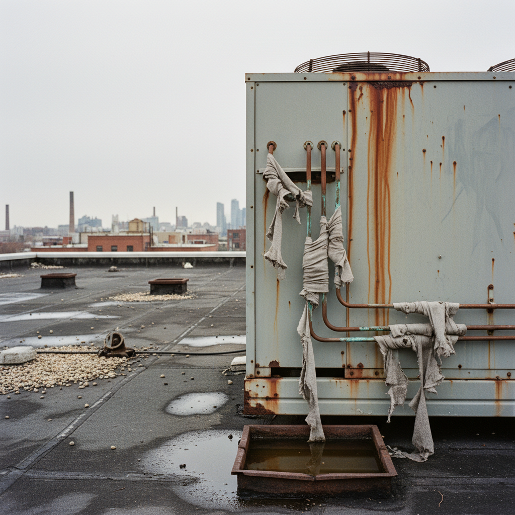 Rooftop HVAC unit with aging refrigerant lines, rust staining, and deteriorated insulation wrap on commercial building