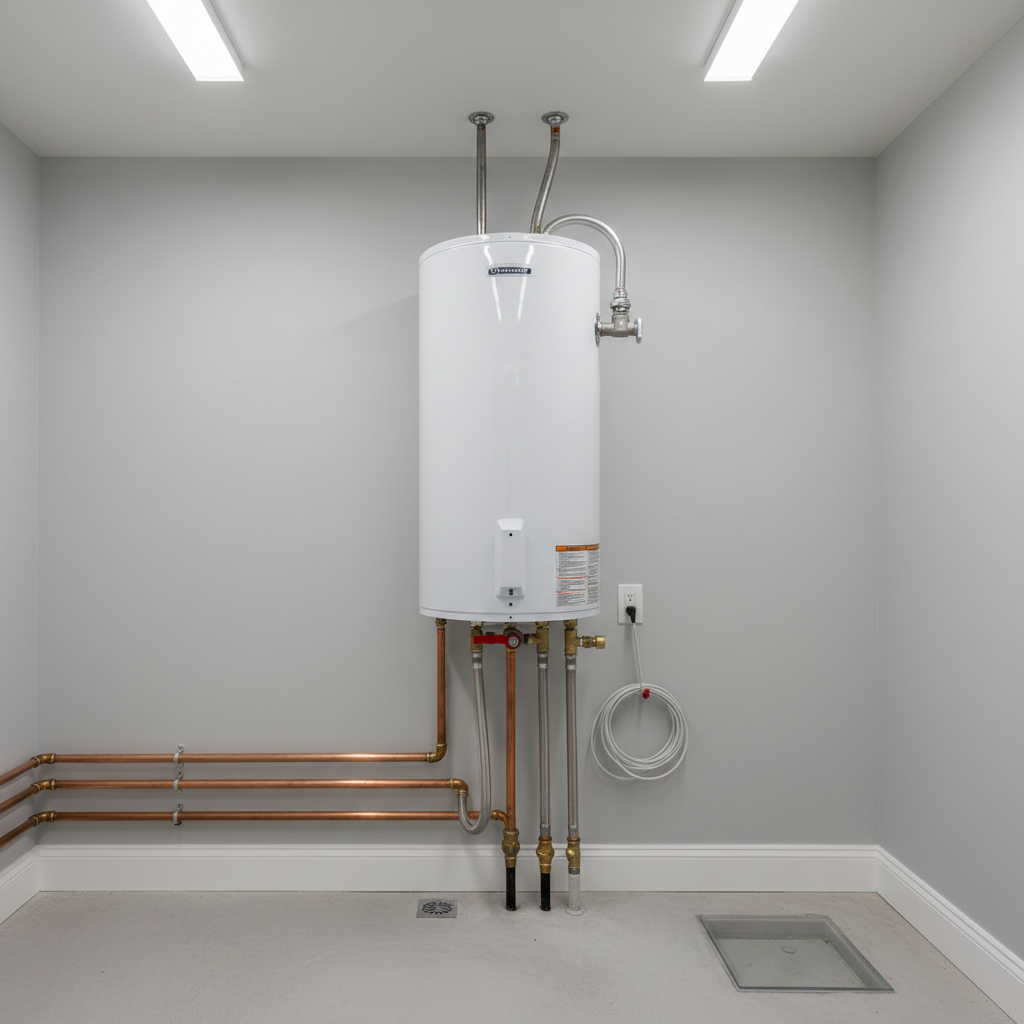 Modern tankless water heater mounted on wall, professional plumbing installation, clean utility room