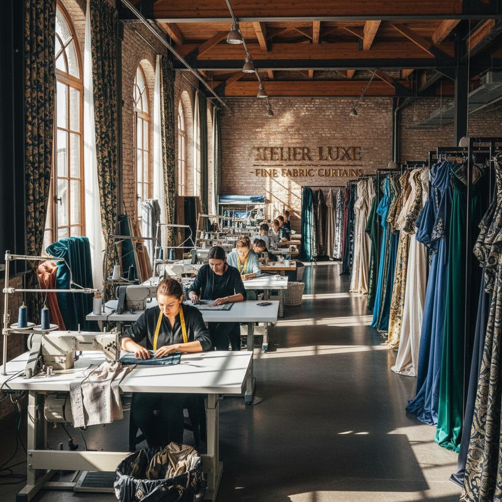 Tailor's hands working with luxury fabric in dimly lit atelier, deep shadows, focused craftsmanship, dark stone walls