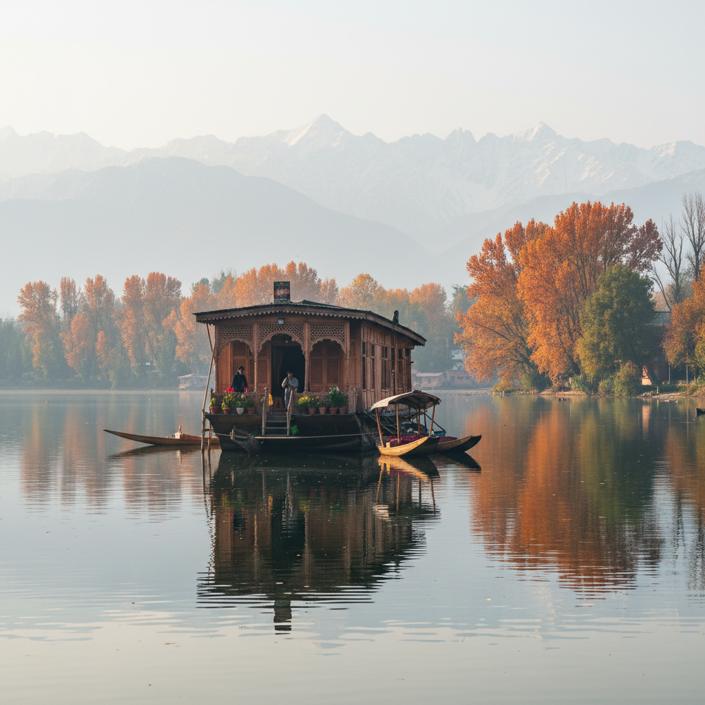 Srinagar city view from Shankaracharya hill with Dal Lake visible, houseboats floating, city spread below, clear sky