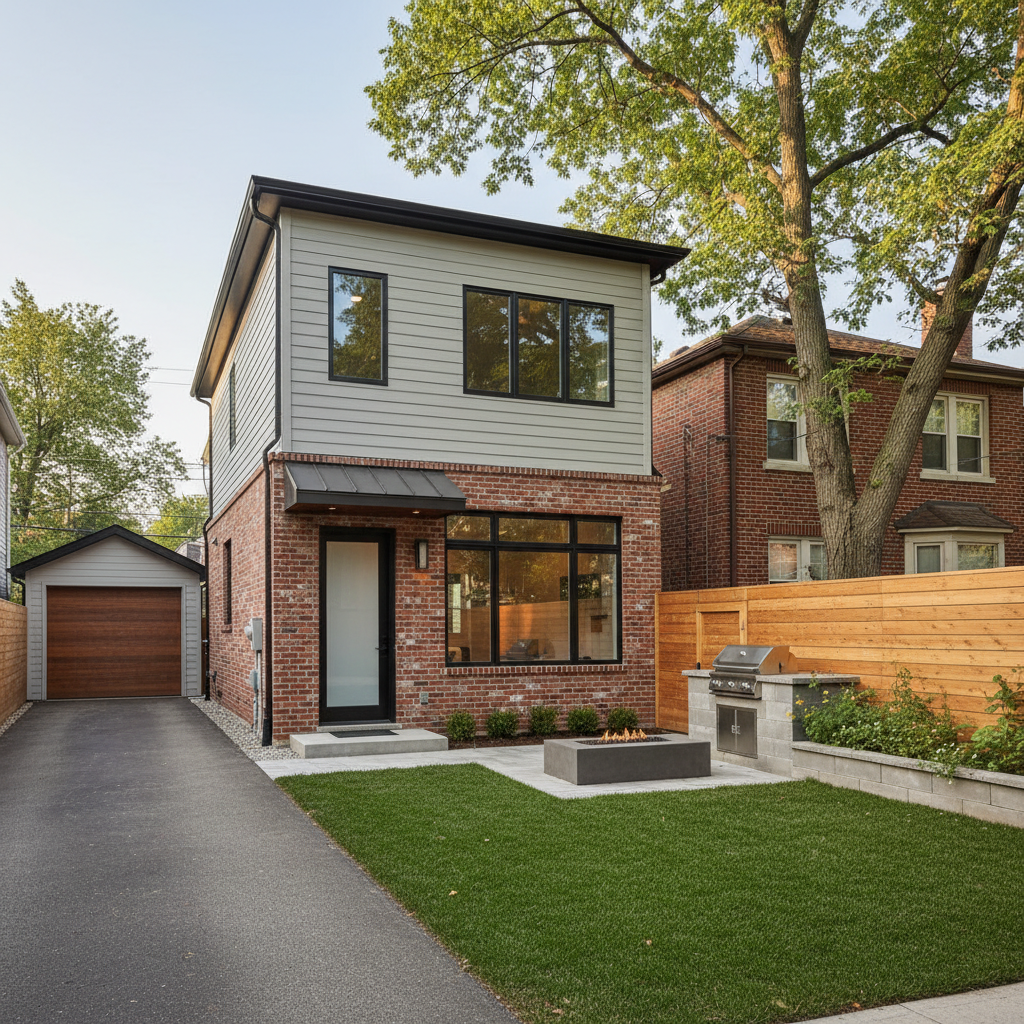 Modern townhouse exterior with brick facade, manicured lawn, bright afternoon sunlight