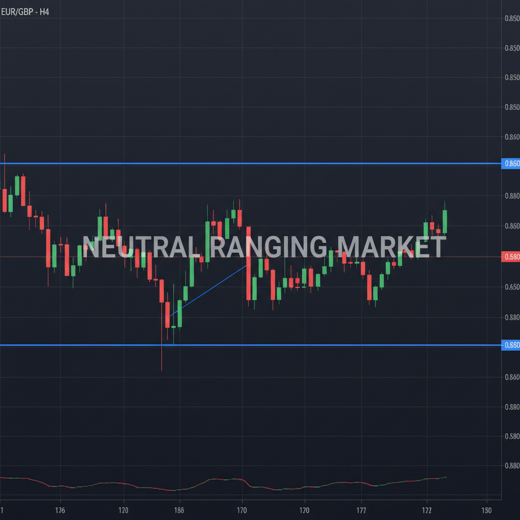 EUR/GBP 4-hour chart showing neutral ranging market structure between key support and resistance levels