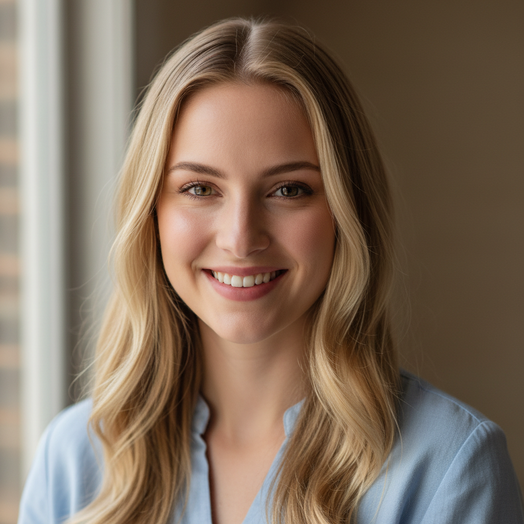 Young professional woman with blonde hair in blue blazer smiling warmly