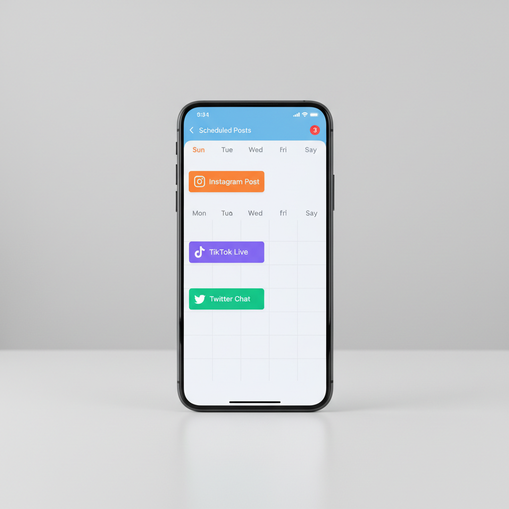 Phone screen showing social media content calendar app with colorful posts scheduled, bright desk background