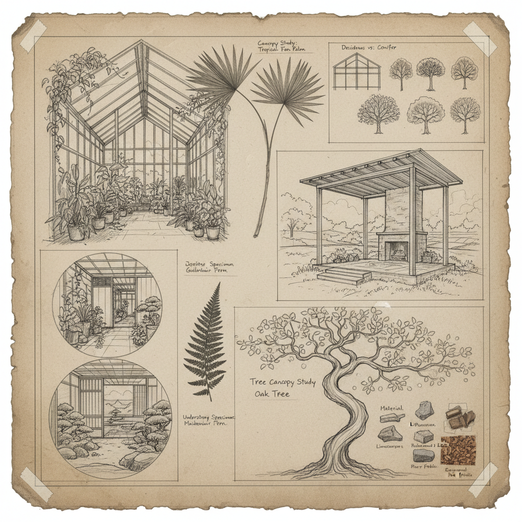 Pencil sketches of garden room concepts with plant specimens pinned alongside showing tree canopy studies and hardscape material samples