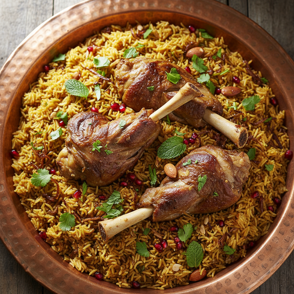 Lamb mandi plated in hammered copper tray with fresh herbs and pomegranate seeds
