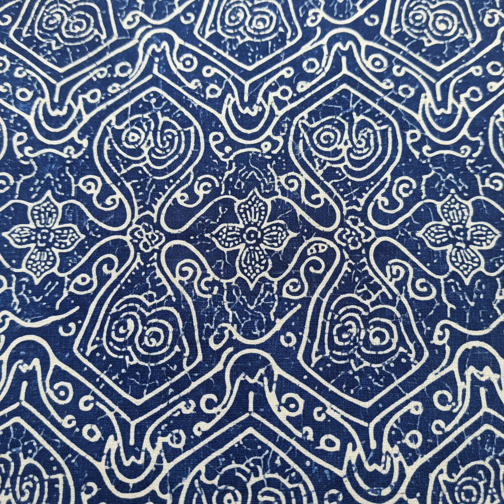 Colorful batik fabric with intricate wax-resist patterns in vibrant blues and oranges