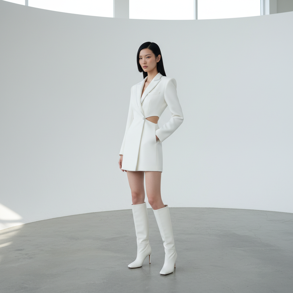 Fashion editorial model in charcoal wool blazer, well-lit studio with white background