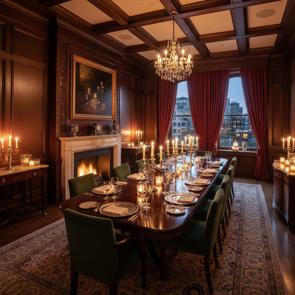 Luxury private dining room with warm amber lighting, dark wood panelling, intimate atmosphere