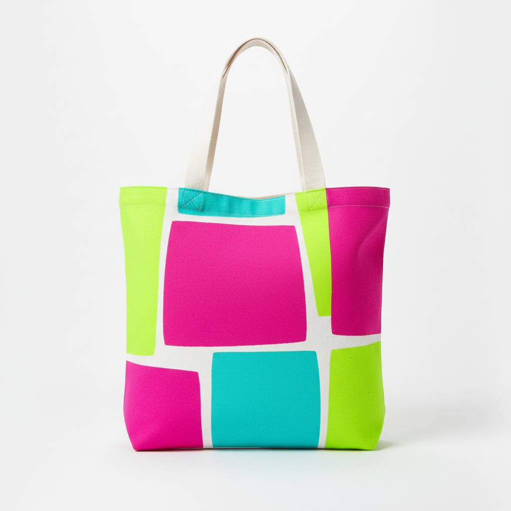 Canvas tote bag with colorful batik pattern in turquoise and gold