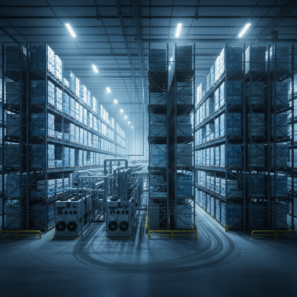 Industrial warehouse interior with high ceilings, steel racking, and dim atmospheric lighting with deep shadows and dark steel walls