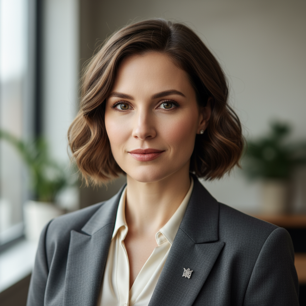 Professional woman with red hair in navy blazer looking determined