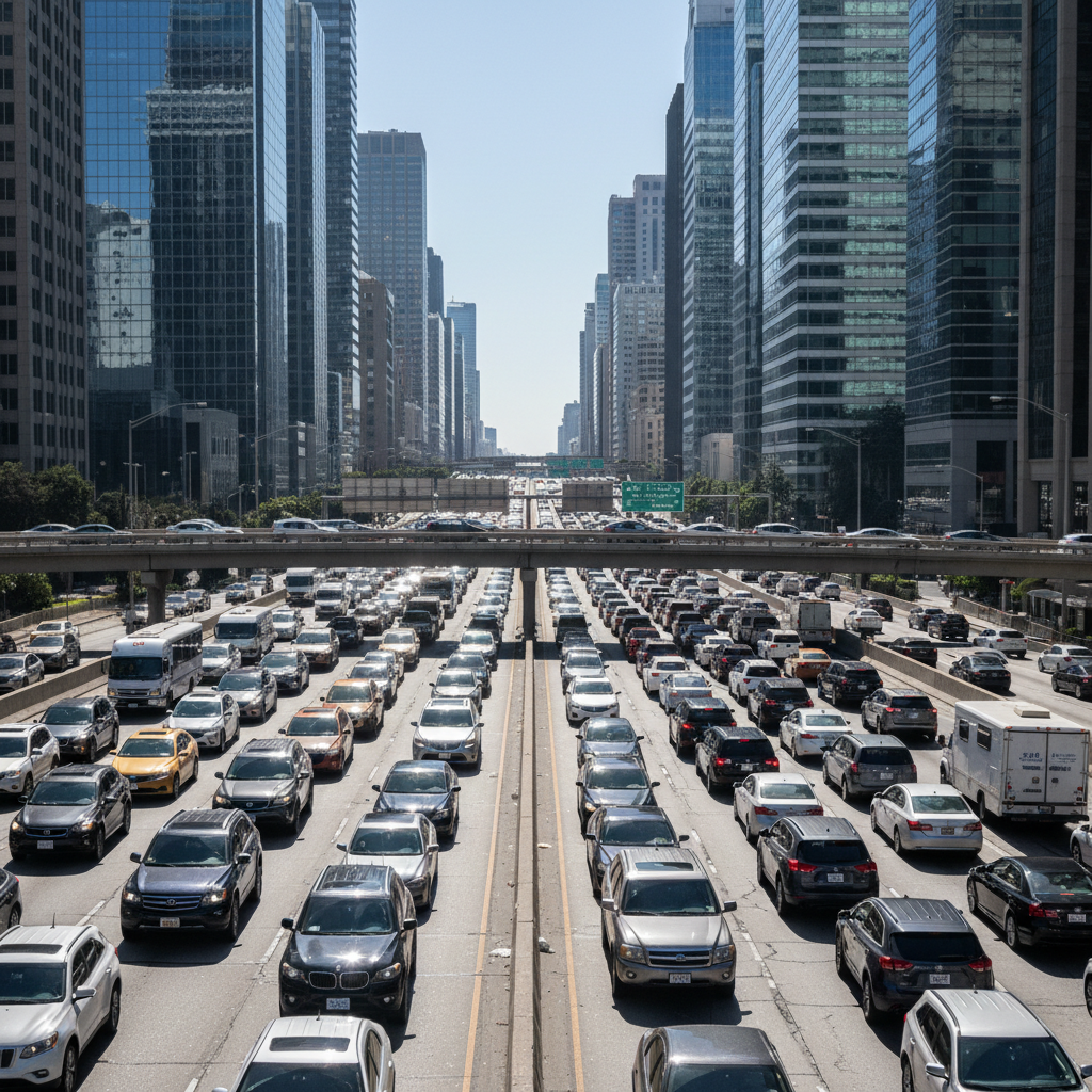 Bumper-to-bumper freeway traffic gridlock in a major city