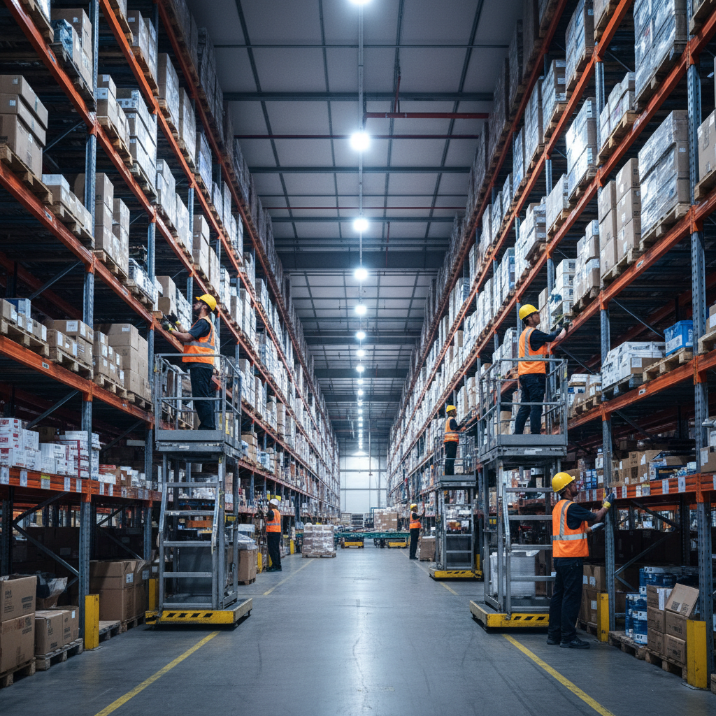 Warehouse worker packing orders in bright well-lit fulfillment center, clean organized shelving