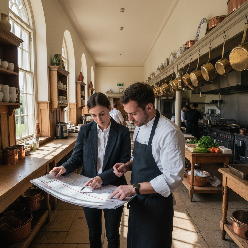 Coordinator reviewing laminated timeline with head caterer in manor kitchen corridor