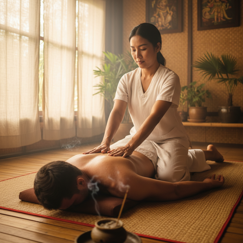 Traditional Thai massage therapist stretching client on mat