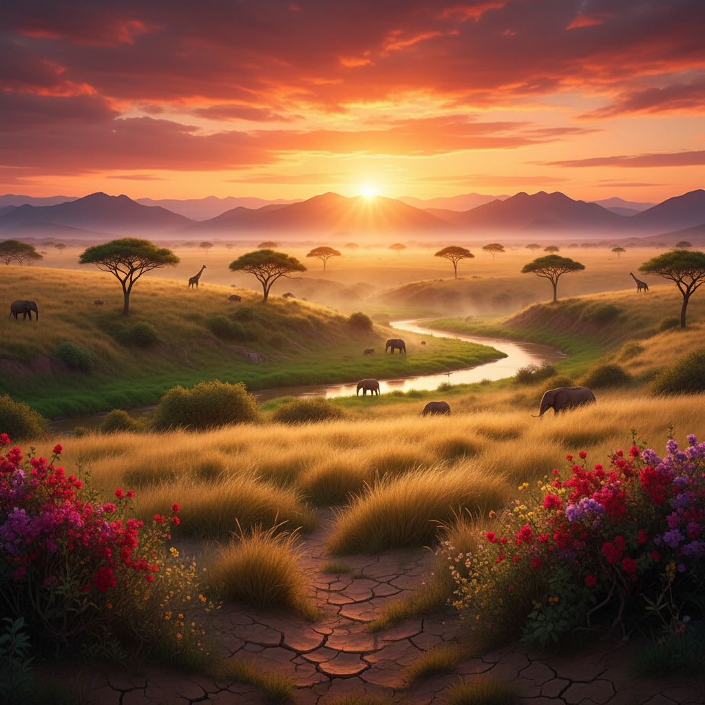 Romantic sunset over African savannah, amber sky reflected in still water
