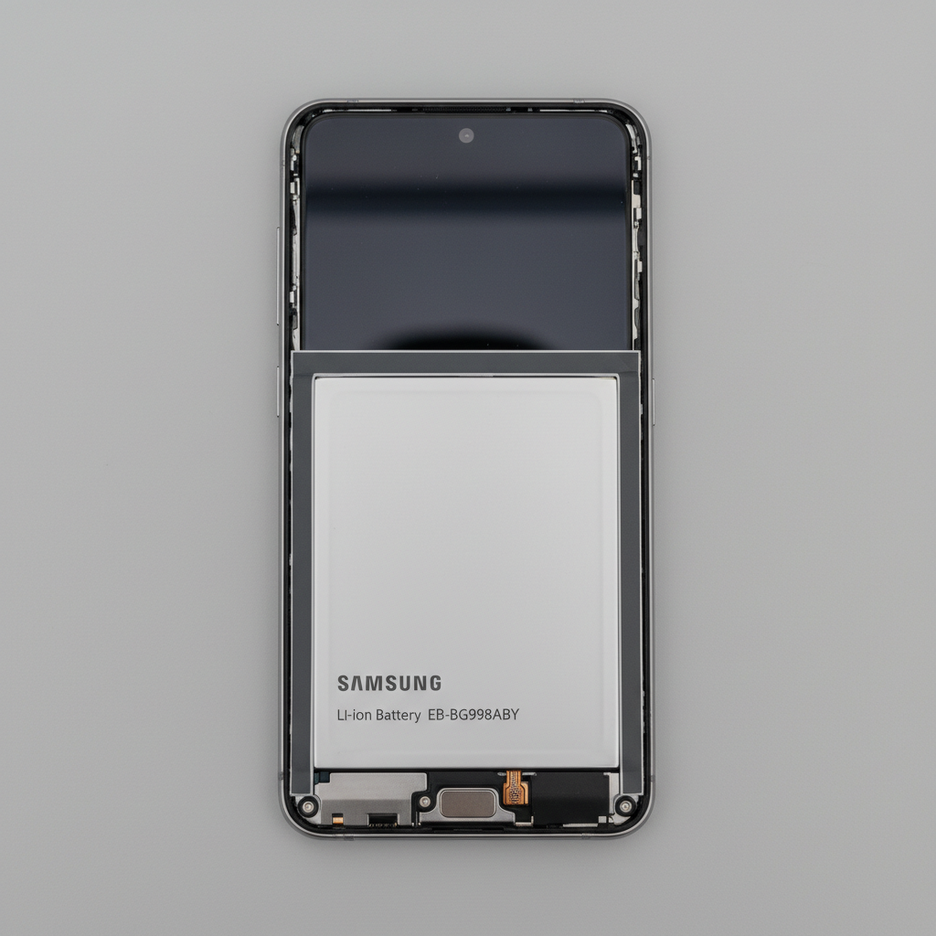 Battery replacement procedure on smartphone, close-up dark background