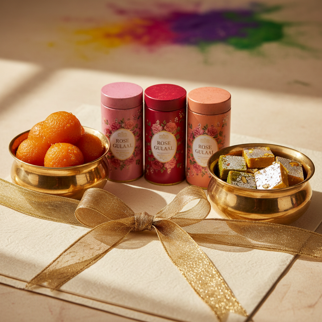 Elegant Holi gift hamper with rose-scented gulaal tins, brass bowls of sweets, and gold ribbon on cream paper