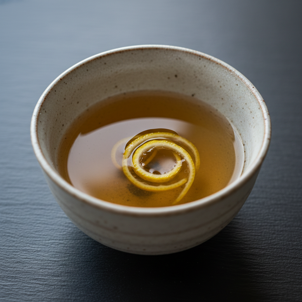 Clear golden dashi consommé in a small ceramic bowl with yuzu peel garnish on dark surface