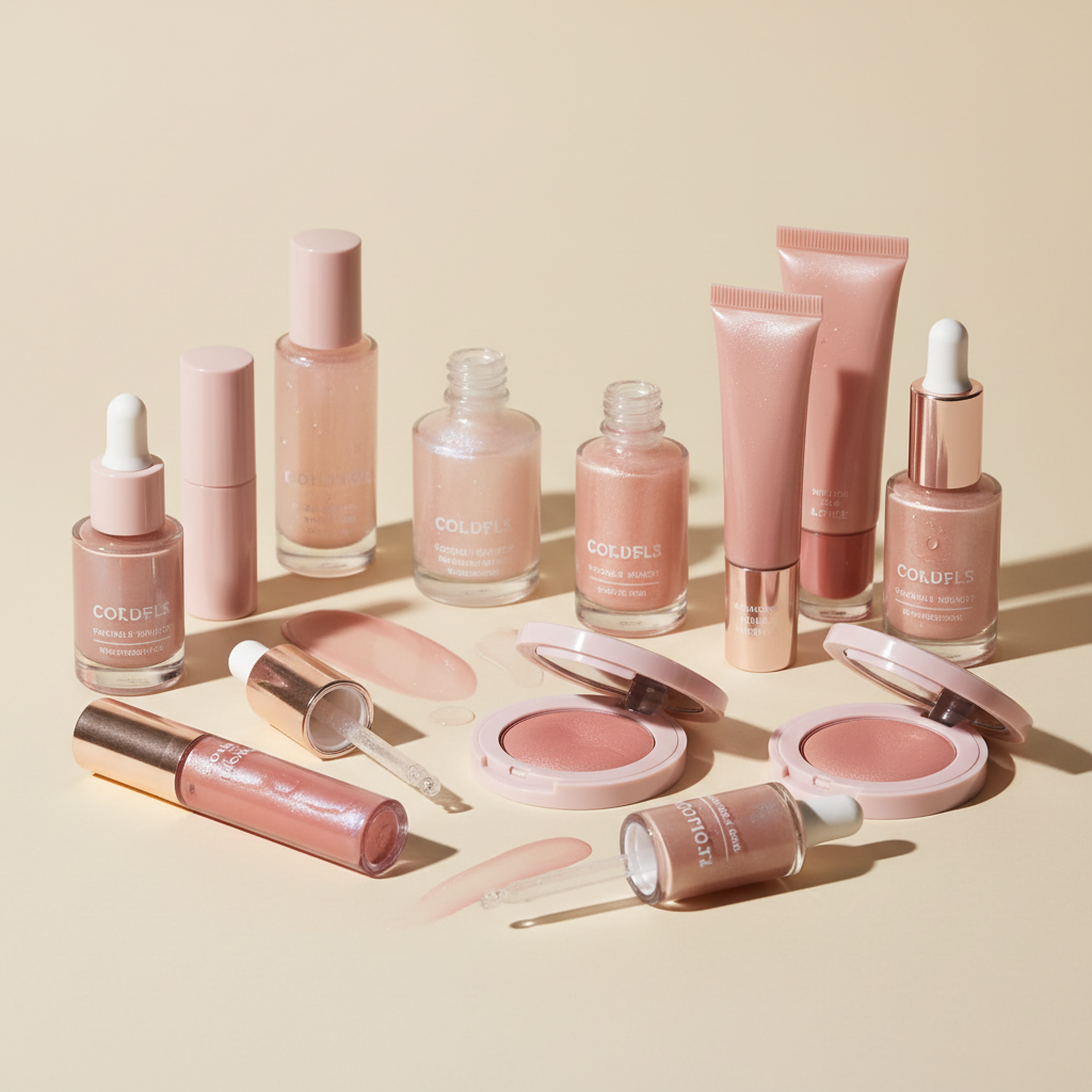 Assorted beauty and makeup products flat lay on pink surface