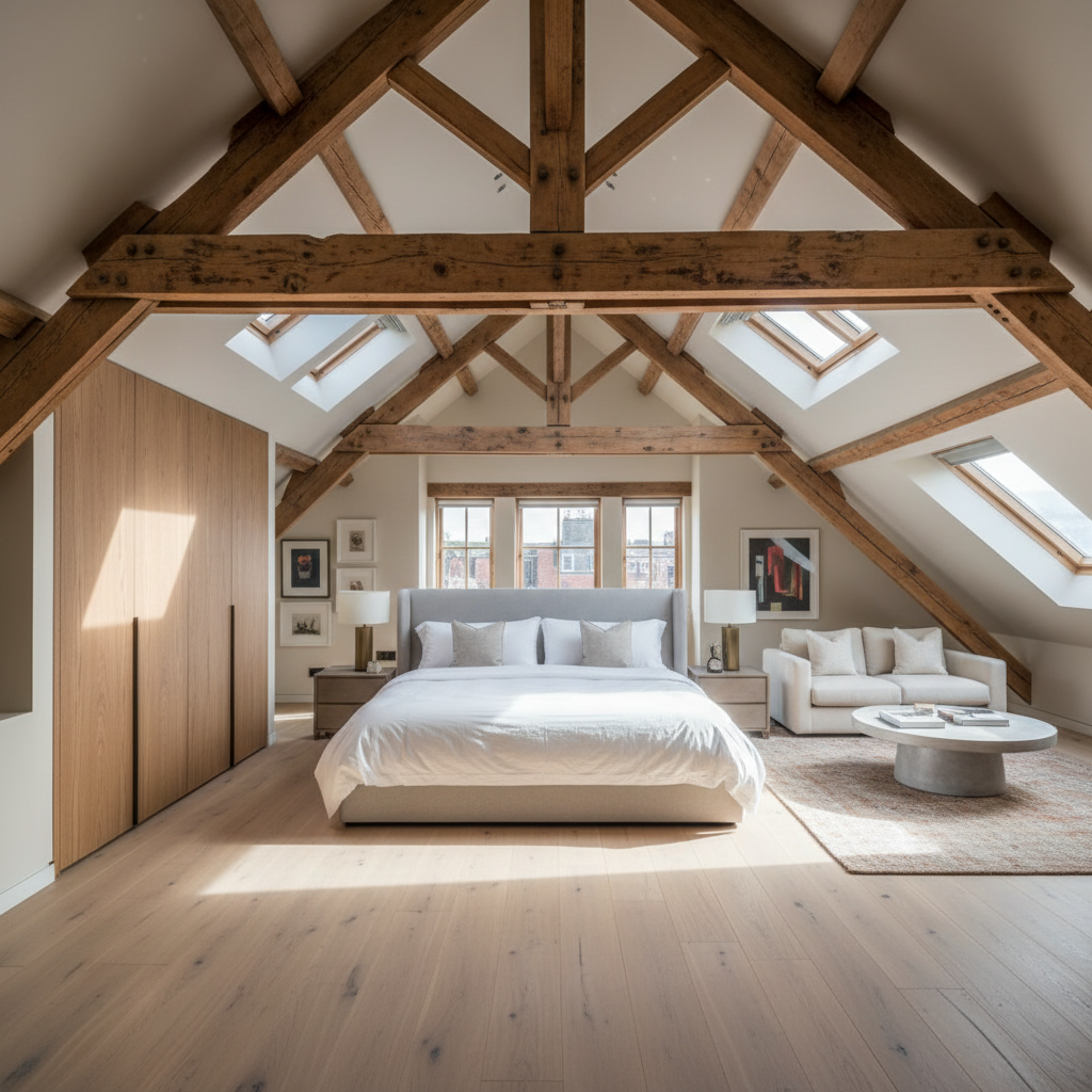 Dormer loft conversion in Tunbridge Wells showing master bedroom suite with ensuite and exposed timber beams