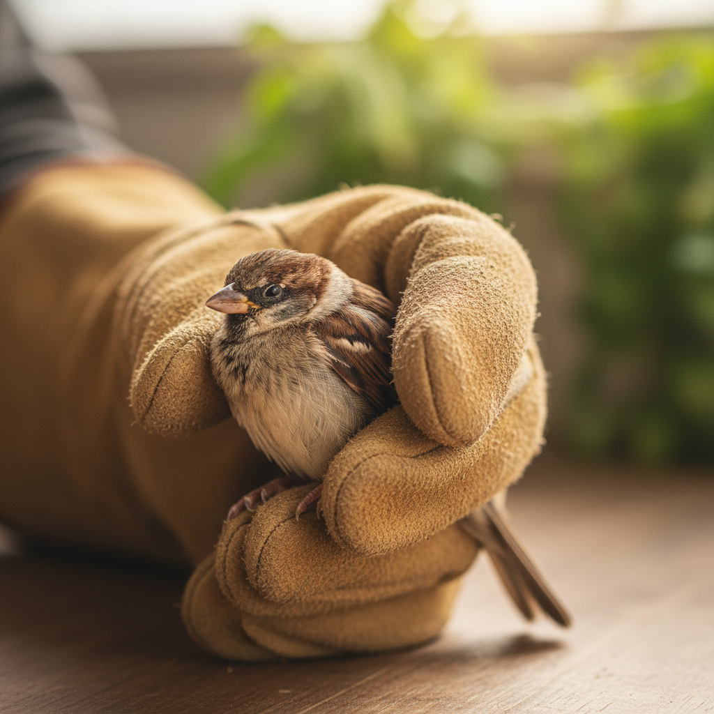Wildlife rehabber in gloves tracking a hawk's flight distance with a clipboard inside the mew
