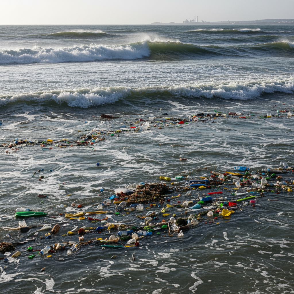 Ocean surface covered with plastic debris and pollution near coastline