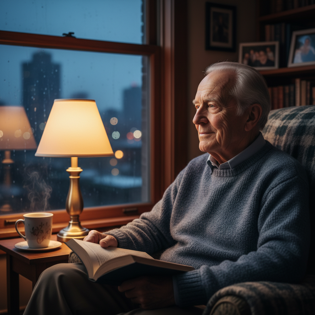 An elderly man sitting by a lamp-lit window in the evening, looking calm while a caregiver sits nearby with a gentle hand on his arm
