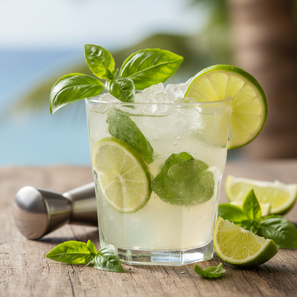 Caipirinha cocktail in a rocks glass with fresh lime wedges and crushed ice