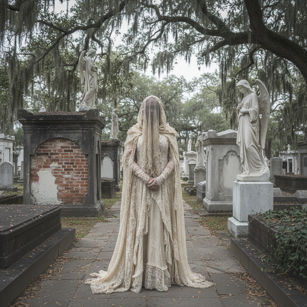 Guest dressed as a Victorian ghost in a New Orleans cemetery