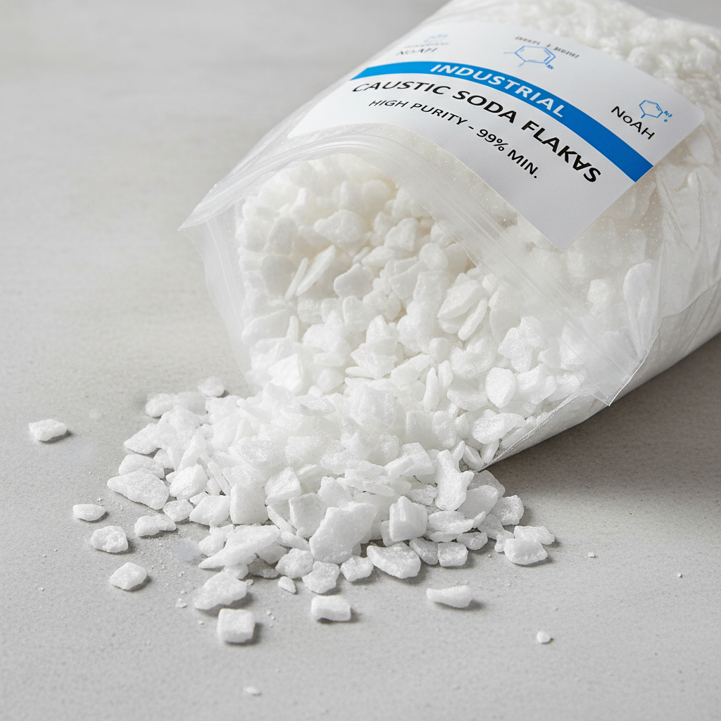 Caustic soda NaOH white flakes in industrial packaging, sodium hydroxide chemical