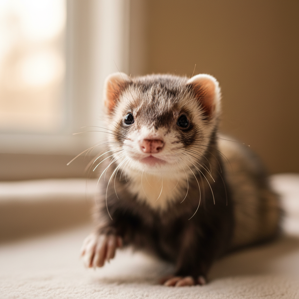 Hazel the rescue ferret with restored glossy coat looking healthy