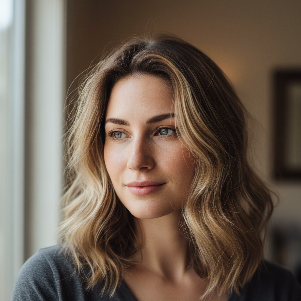 Jess before color, grown-out highlights with visible roots