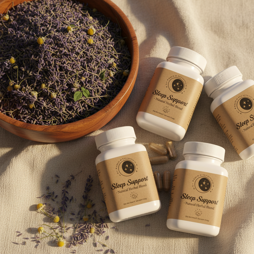 Dried medicinal herbs including lavender and chamomile arranged artfully on linen cloth in soft light