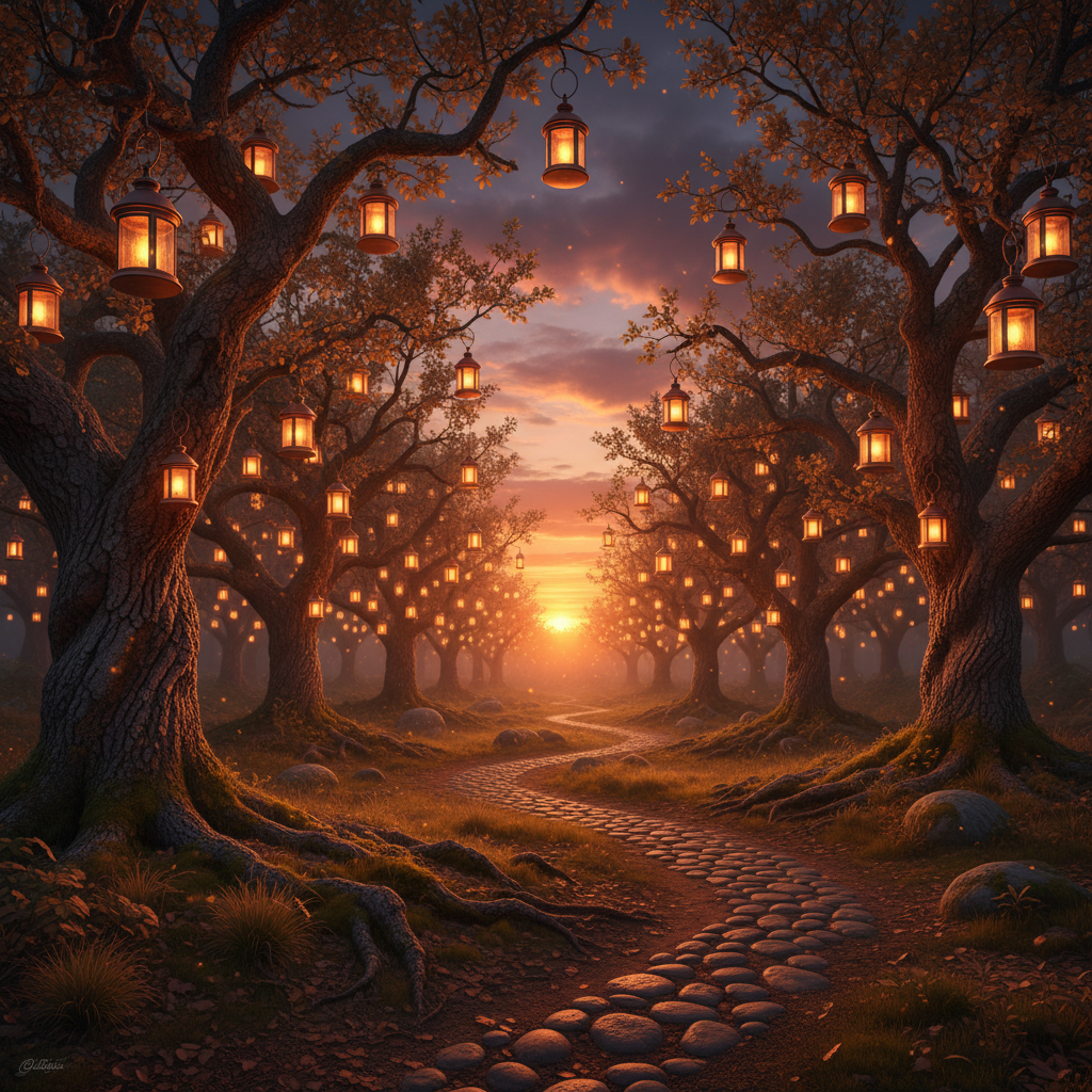 Warm lantern light glowing amber at dusk among oak trees