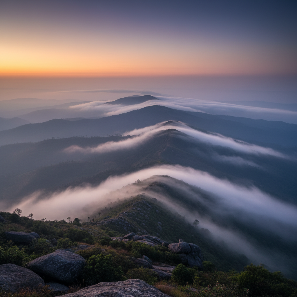Ancient misty mountain range at dusk with dark atmospheric purple haze