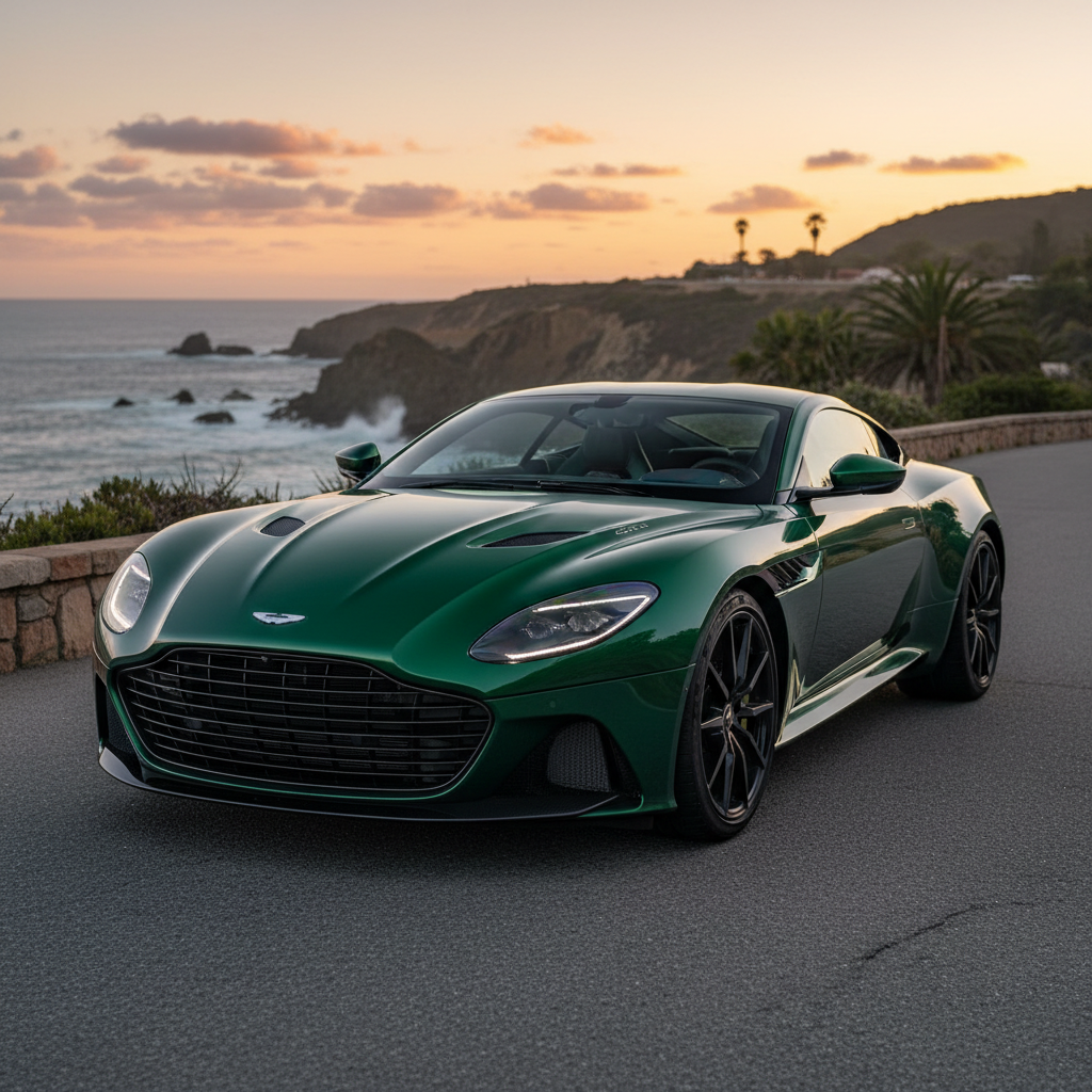 Aston Martin DB12 in deep British racing green, twilight coastal road, moody atmospheric background, dim natural light
