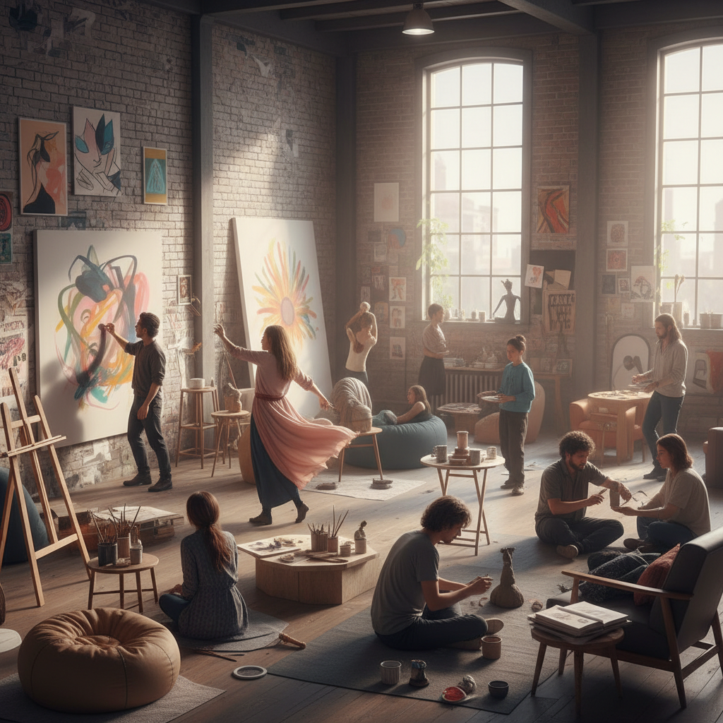 Team of adults collaborating on large canvas mural in bright airy studio space