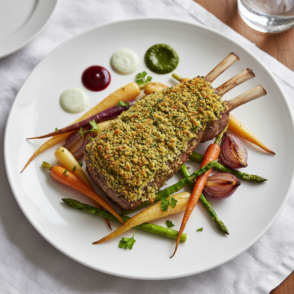 Overhead view of elegantly plated roasted lamb rack on fine white china with herb crust, roasted vegetables, and three small sauce portions arranged precisely on a linen tablecloth