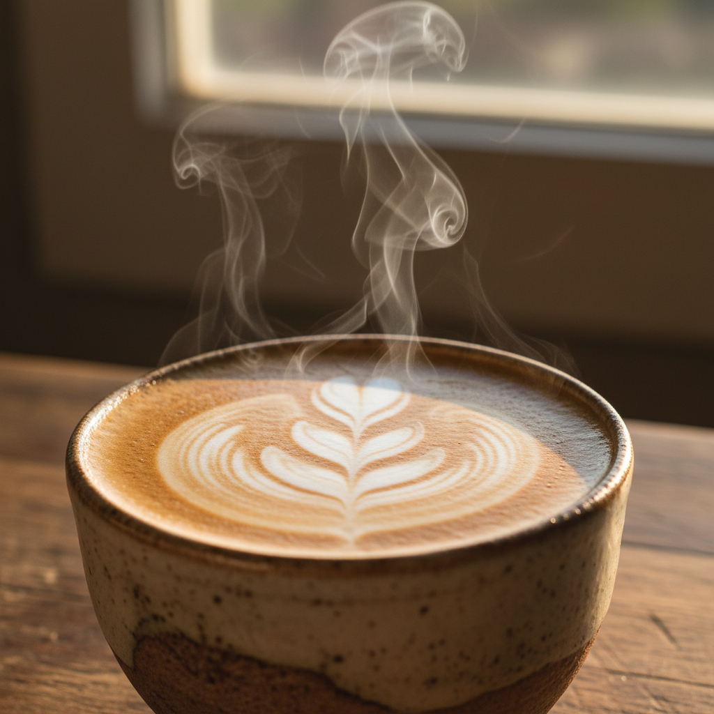 Finished latte art rosetta in a handmade ceramic cup with steam curling upward and golden hour light pooling across the surface