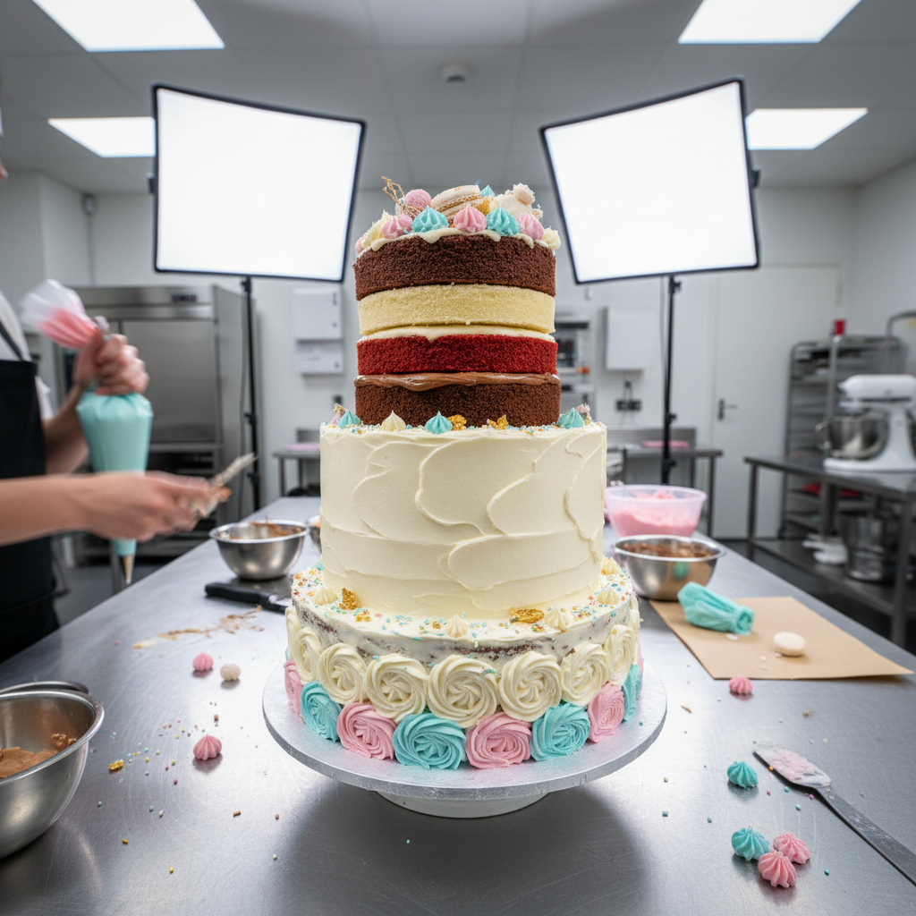 Professional baker in white apron carefully decorating multi-tiered wedding cake with fresh flowers in bright modern bakery kitchen